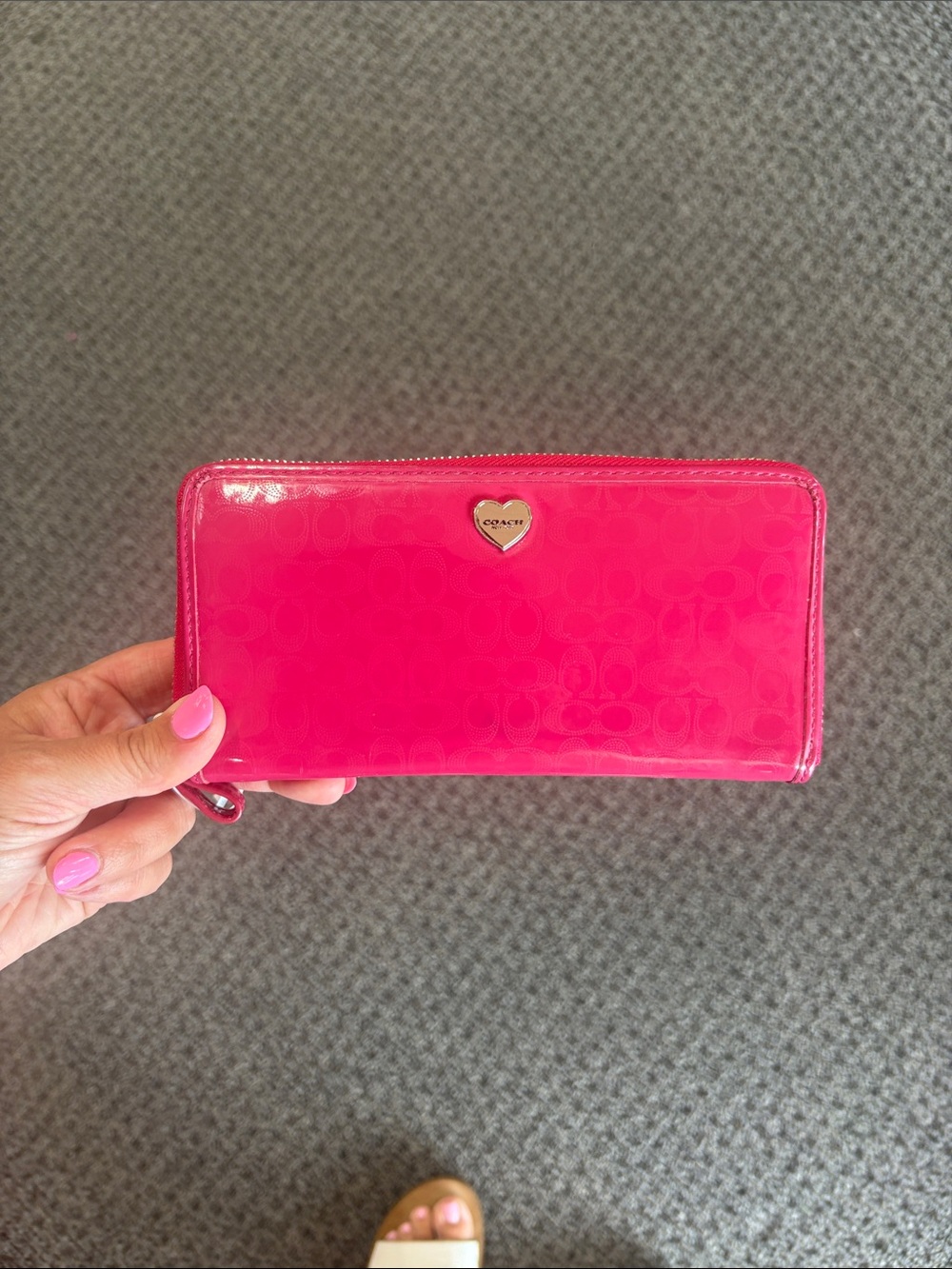 Coach Hot Pink Patent Zip Wallet with Heart Emblem